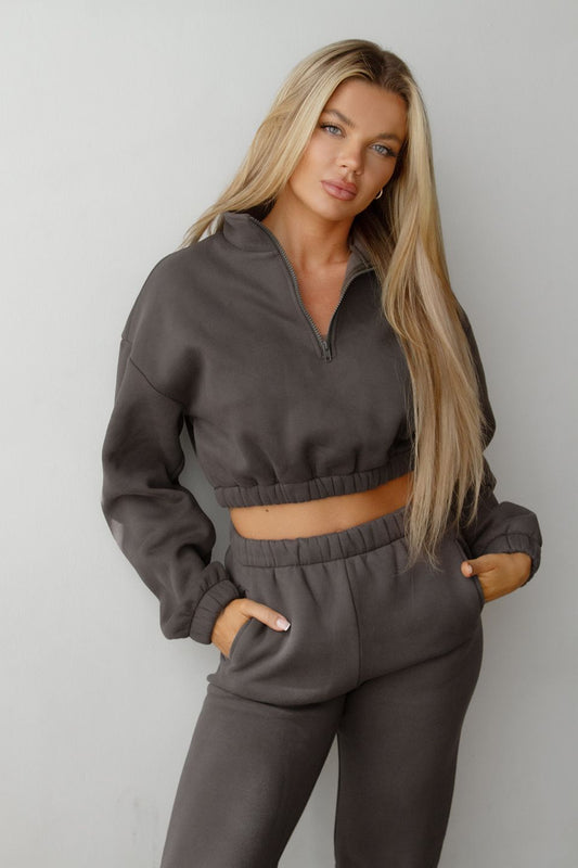 AMILEE CROPPED PULLOVER HALF ZIP UP SWEATSHIRT(charcol)