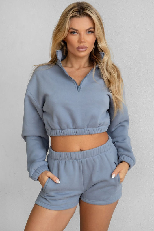 AMILEE CROPPED PULLOVER HALF ZIP UP SWEATSHIRT(french blue)
